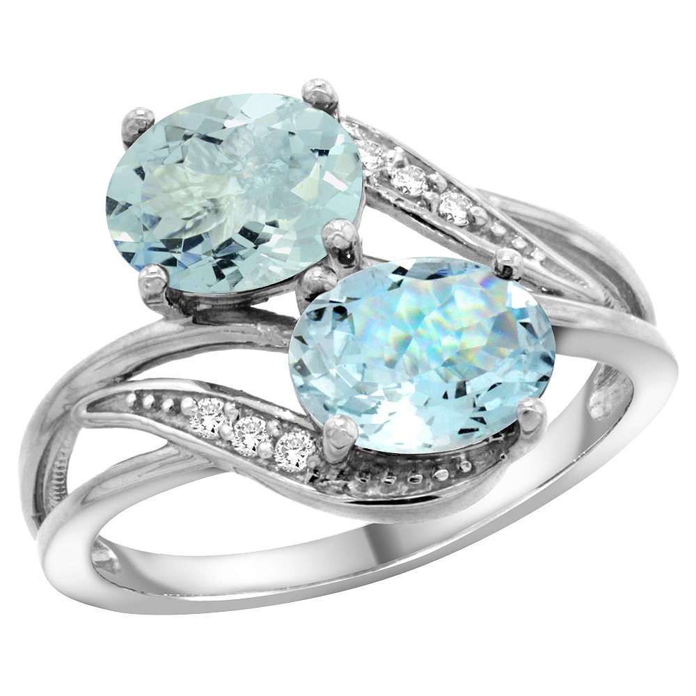 Sabrina Silver 14K White Gold Diamond Natural Aquamarine 2-stone Ring Oval 8x6mm, sizes 5 - 10