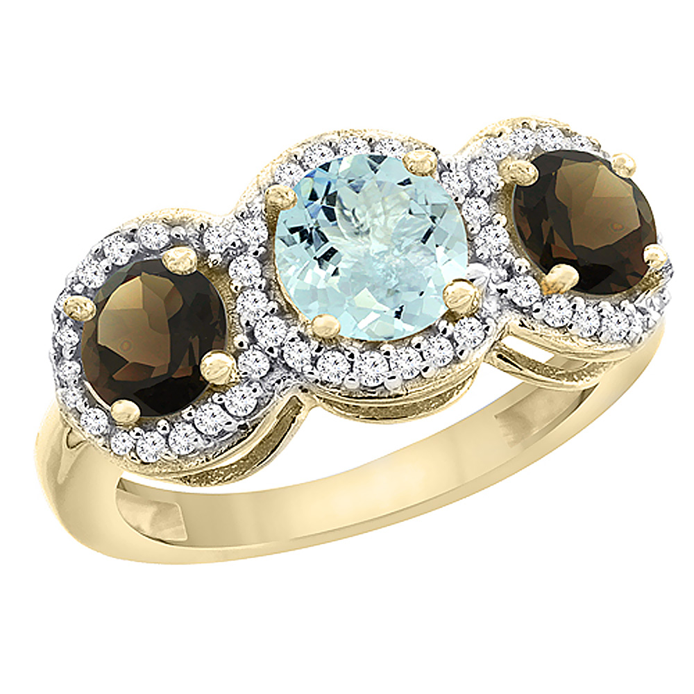 Sabrina Silver 10K Yellow Gold Natural Aquamarine & Smoky Topaz Sides Round 3-stone Ring Diamond Accents, sizes 5 - 10