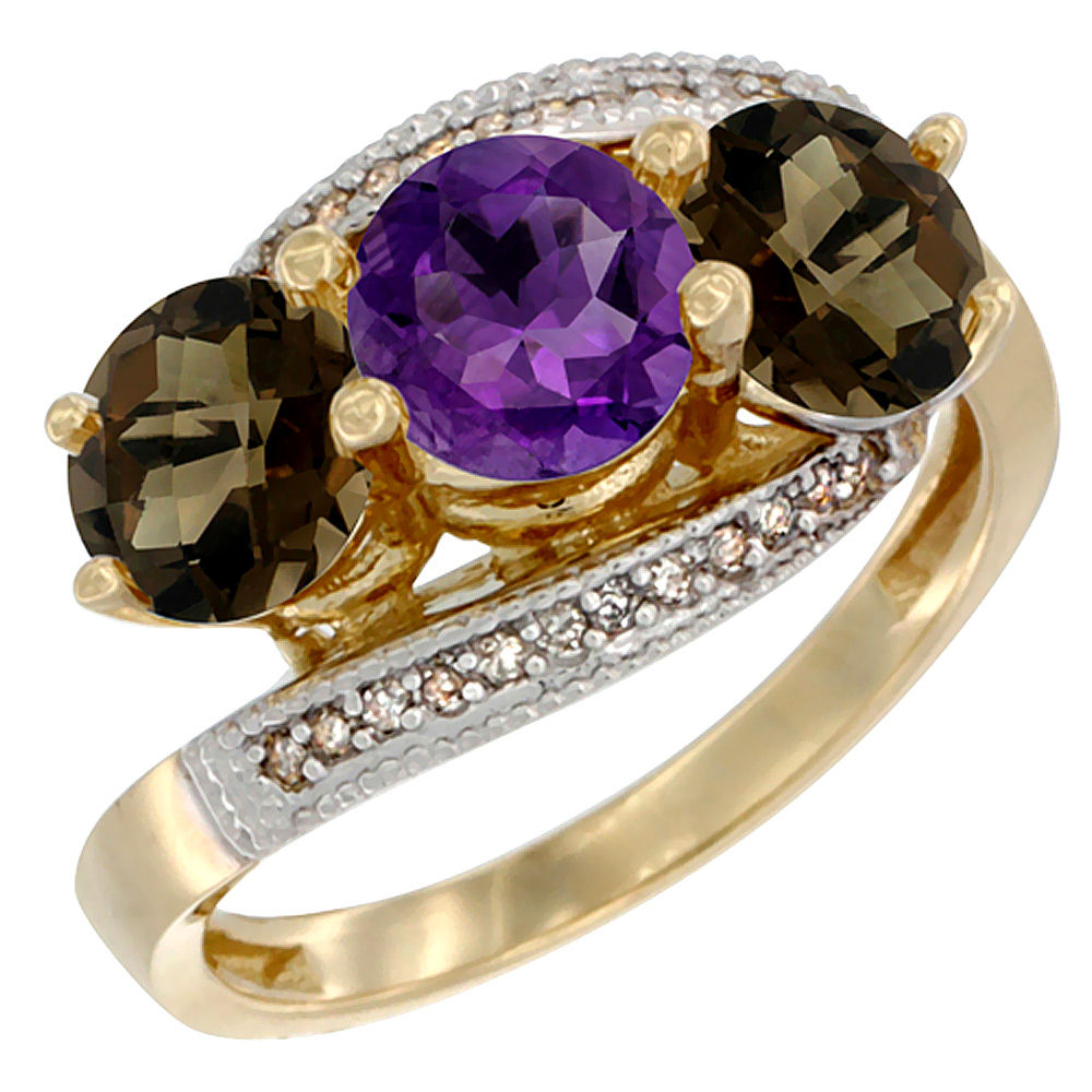Sabrina Silver 10K Yellow Gold Natural Amethyst & Smoky Topaz Sides 3 stone Ring Round 6mm Diamond Accent, sizes 5 - 10
