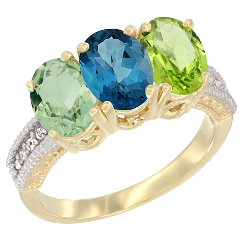 Sabrina Silver 10K Yellow Gold Diamond Natural Green Amethyst, London Blue Topaz & Peridot Ring Oval 3-Stone 7x5 mm,sizes 5-10