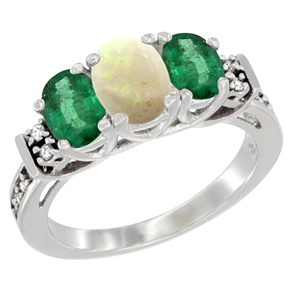 Sabrina Silver 10K White Gold Natural Opal & Emerald Ring 3-Stone Oval Diamond Accent, sizes 5-10