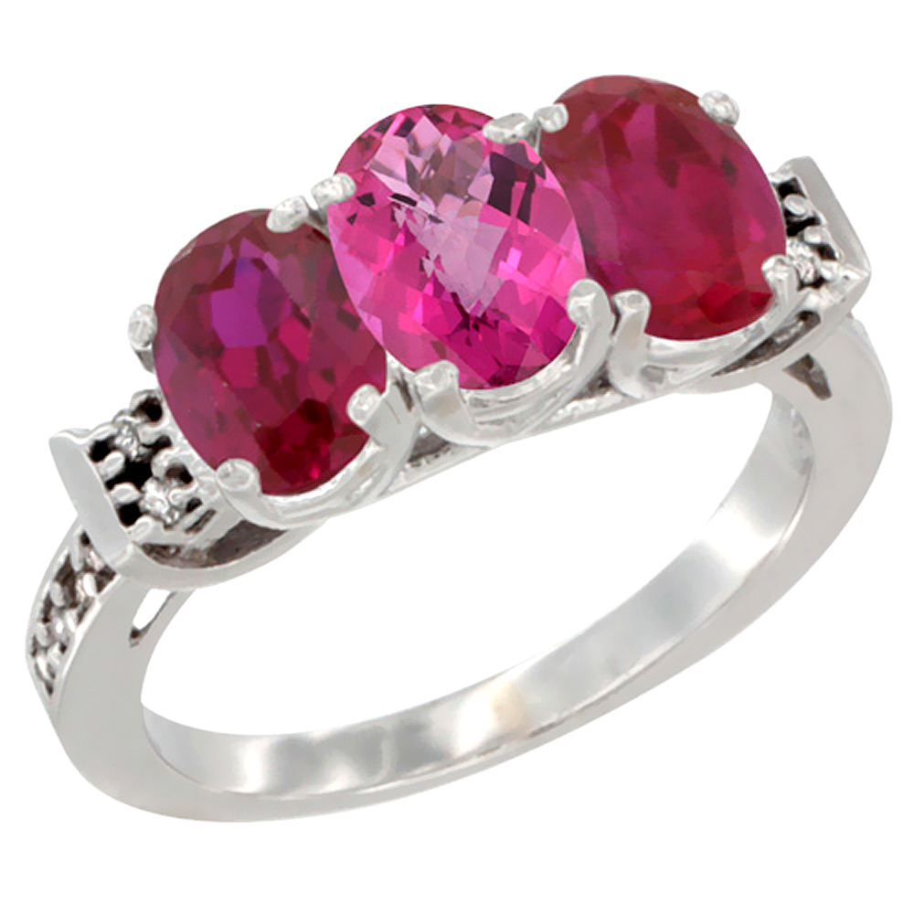 Sabrina Silver 10K White Gold Natural Pink Topaz & Enhanced Ruby Sides Ring 3-Stone Oval 7x5 mm Diamond Accent, sizes 5 - 10