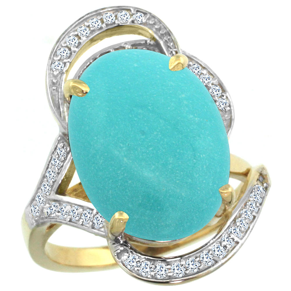 Sabrina Silver 14k Yellow Gold Natural Turquoise Ring Diamond Accent Oval 16x12mm, sizes 5 - 10