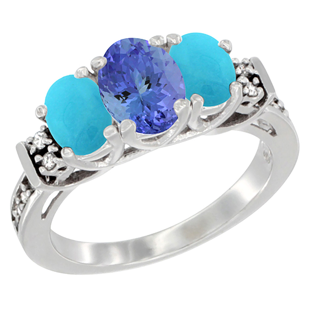 Sabrina Silver 10K White Gold Natural Tanzanite & Turquoise Ring 3-Stone Oval Diamond Accent, sizes 5-10