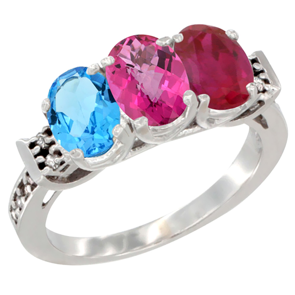 Sabrina Silver 10K White Gold Natural Swiss Blue Topaz, Pink Topaz & Enhanced Ruby Ring 3-Stone Oval 7x5 mm Diamond Accent, sizes 5 - 10