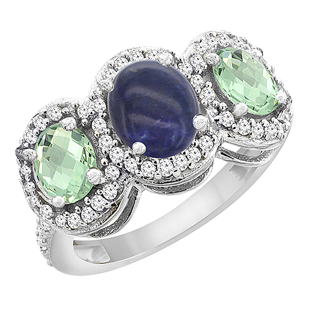 Sabrina Silver 10K White Gold Natural Lapis & Green Amethyst 3-Stone Ring Oval Diamond Accent, sizes 5 - 10