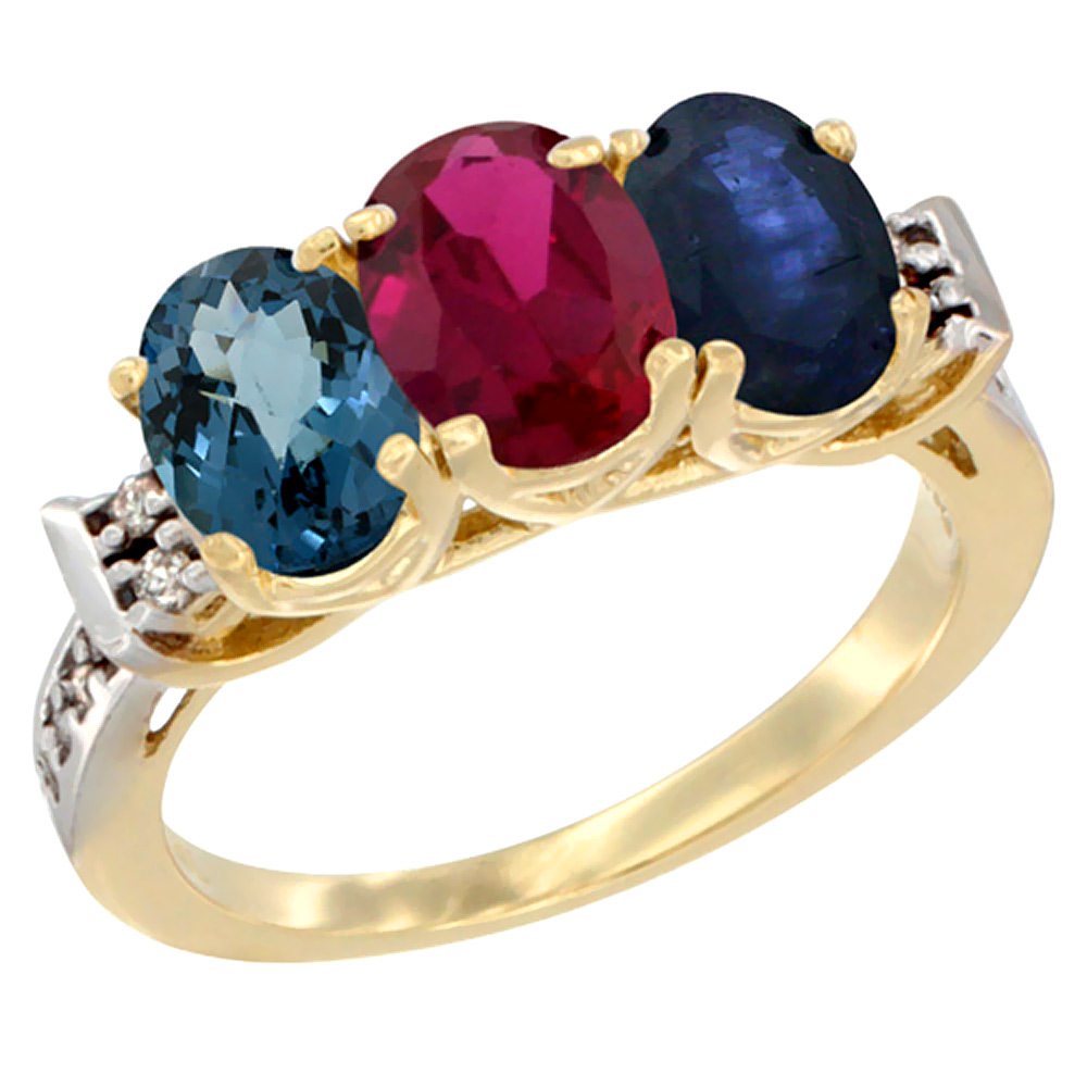 Sabrina Silver 14K Yellow Gold Natural London Blue Topaz, Enhanced Ruby & Natural Blue Sapphire Ring 3-Stone 7x5 mm Oval Diamond Accent, sizes