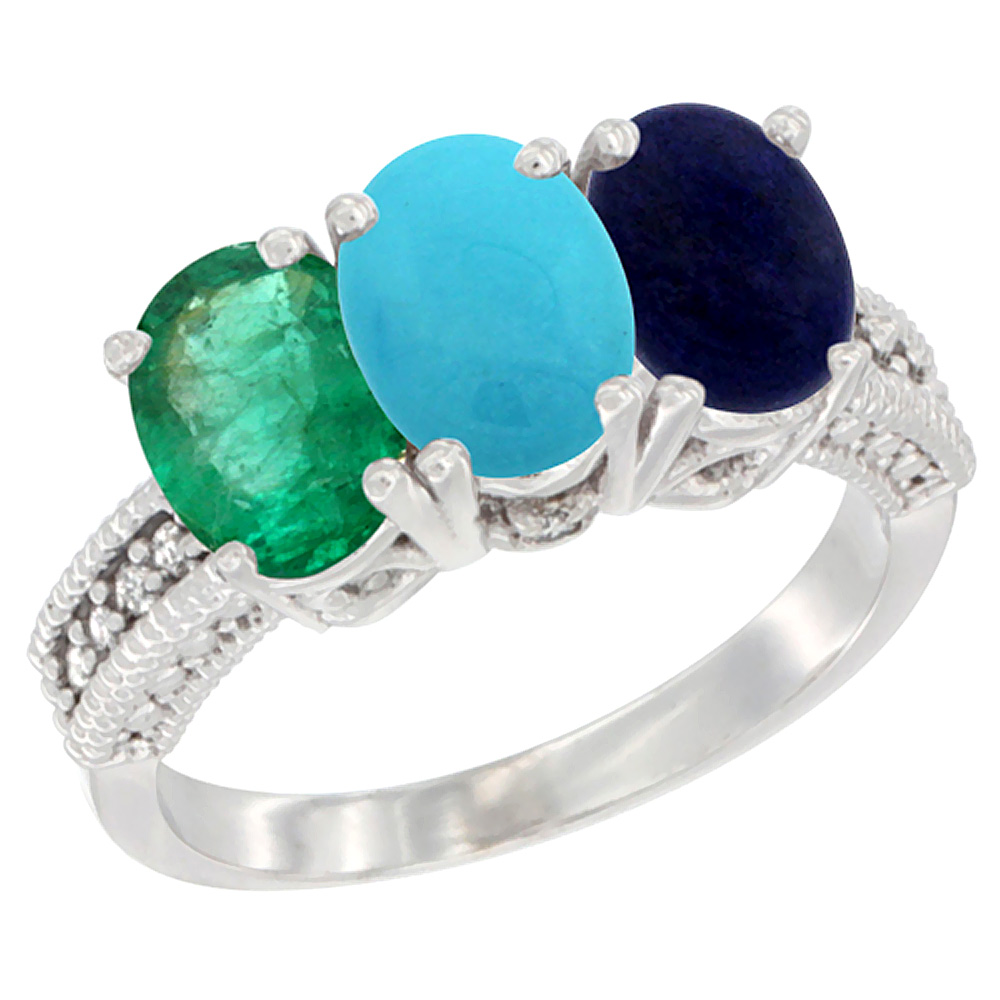 Sabrina Silver 14K White Gold Natural Emerald, Turquoise & Lapis Ring 3-Stone 7x5 mm Oval Diamond Accent, sizes 5 - 10