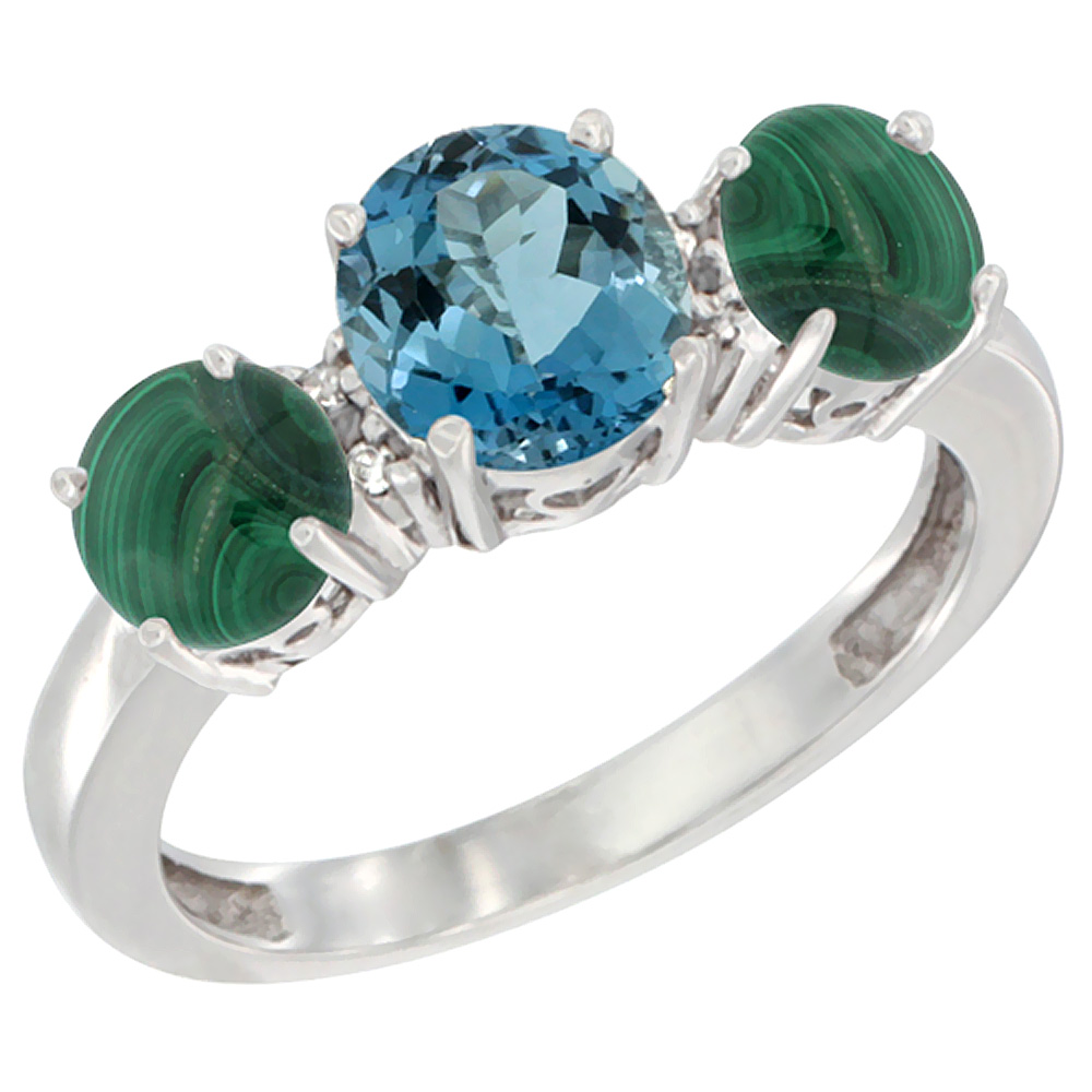 Sabrina Silver 10K White Gold Round 3-Stone Natural London Blue Topaz Ring & Malachite Sides Diamond Accent, sizes 5 - 10