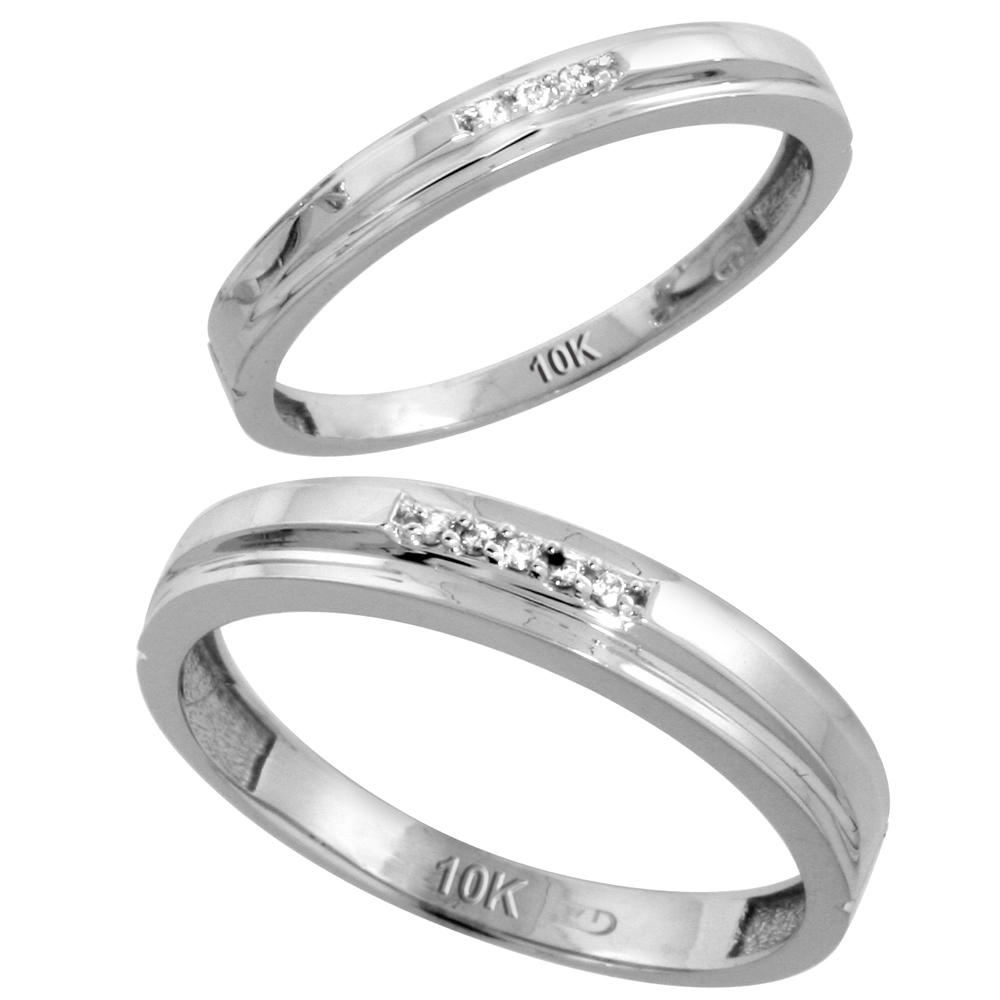 Sabrina Silver 10k White Gold Diamond Wedding Rings Set for him 4 mm and her 3 mm 2-Piece 0.05 cttw Brilliant Cut, ladies sizes 5  10, mens si