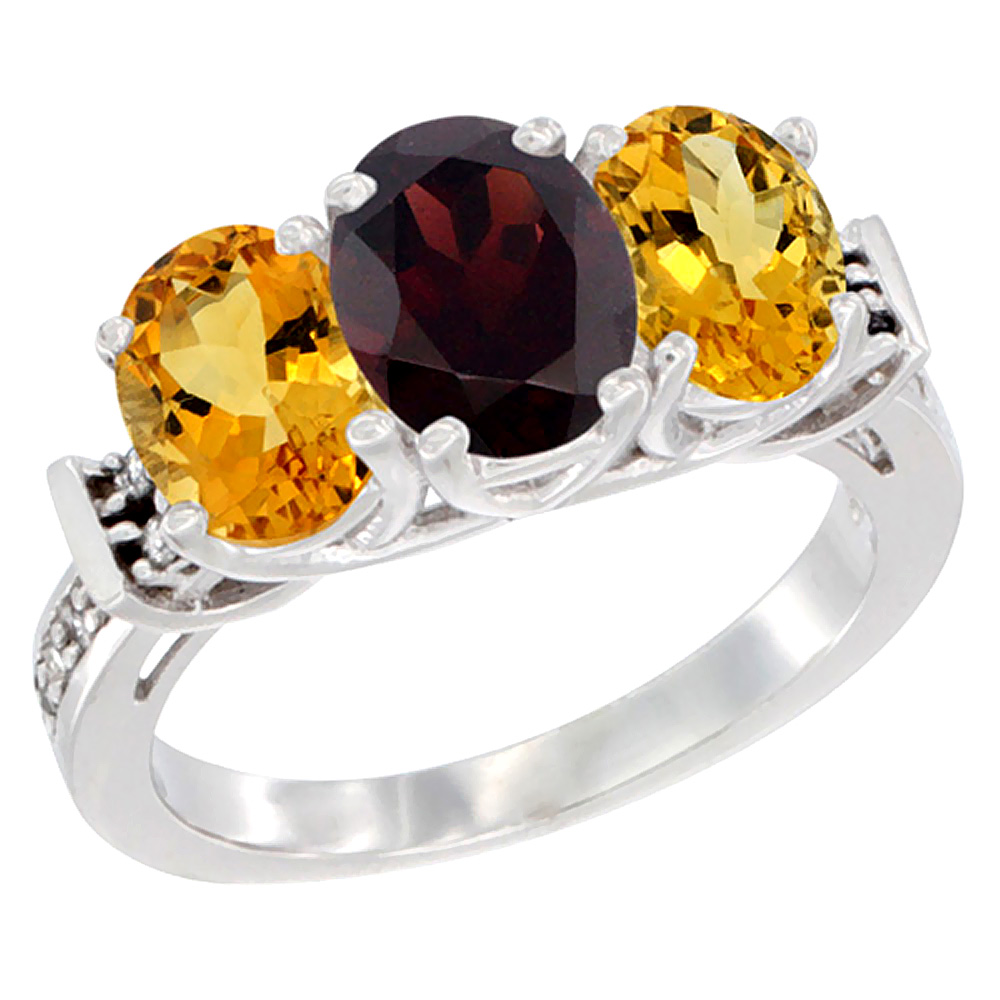 Sabrina Silver 14K White Gold Natural Garnet & Citrine Sides Ring 3-Stone Oval Diamond Accent, sizes 5 - 10