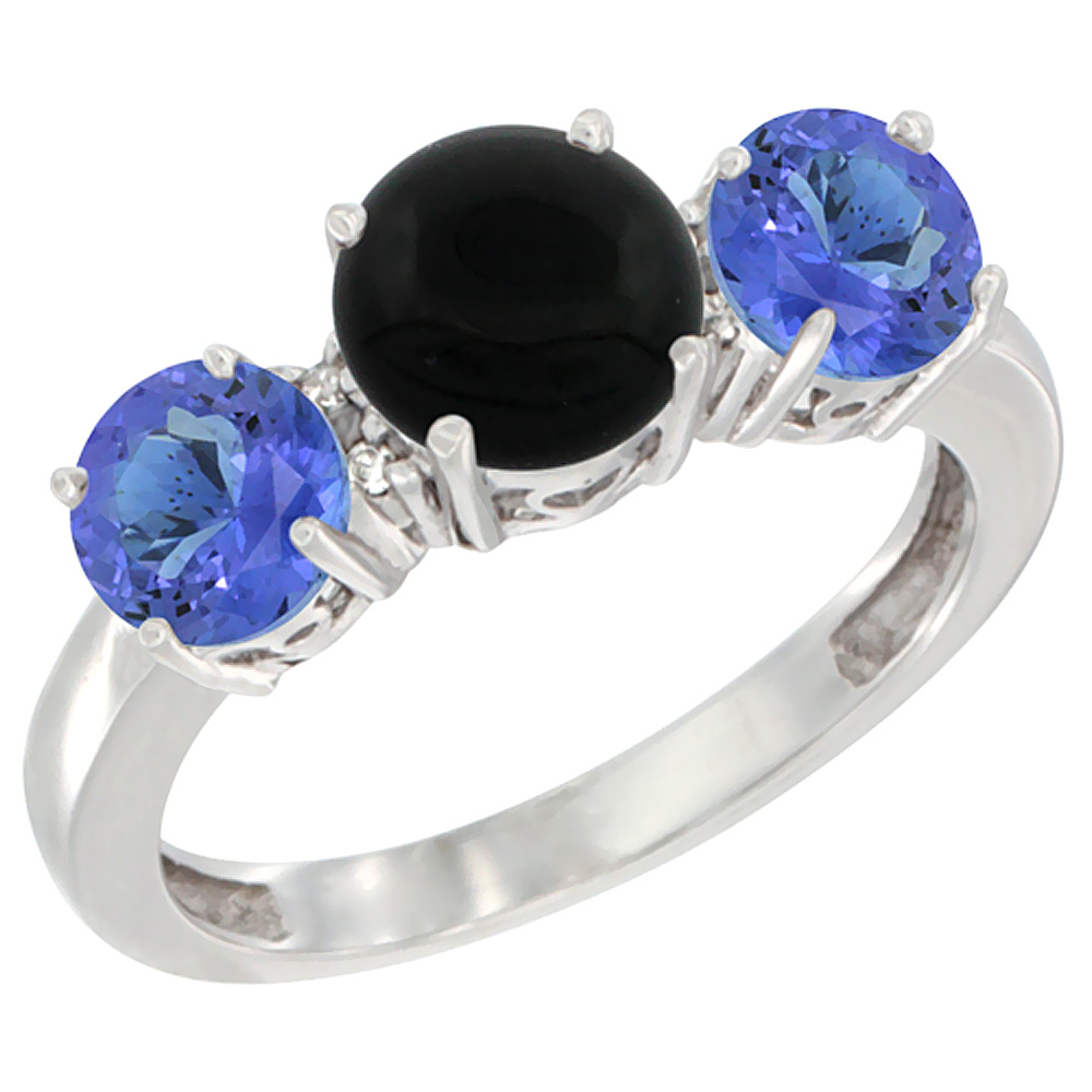 Sabrina Silver 14K White Gold Round 3-Stone Natural Black Onyx Ring & Tanzanite Sides Diamond Accent, sizes 5 - 10
