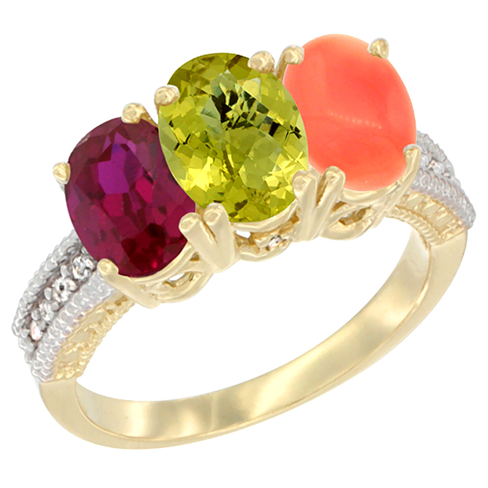 Sabrina Silver 10K Yellow Gold Diamond Enhanced Ruby, Natural Lemon Quartz & Coral Ring 3-Stone 7x5 mm Oval, sizes 5 - 10