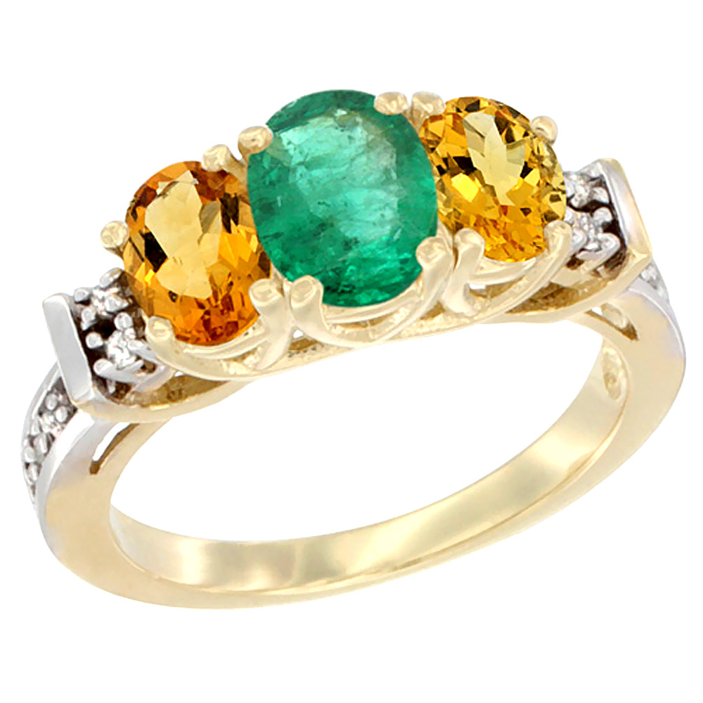 Sabrina Silver 14K Yellow Gold Natural Emerald & Citrine Ring 3-Stone Oval Diamond Accent
