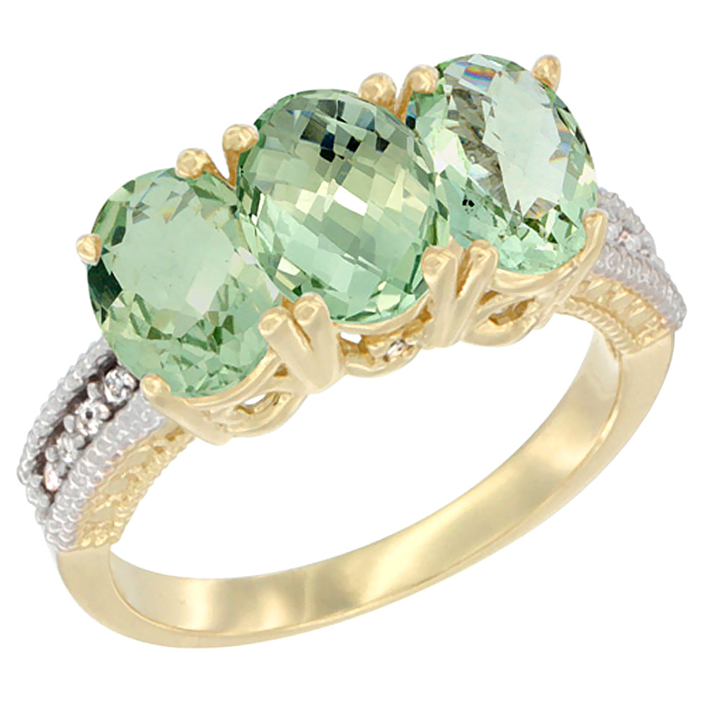 Sabrina Silver 14K Yellow Gold Natural Green Amethyst Ring 3-Stone 7x5 mm Oval Diamond Accent, sizes 5 - 10