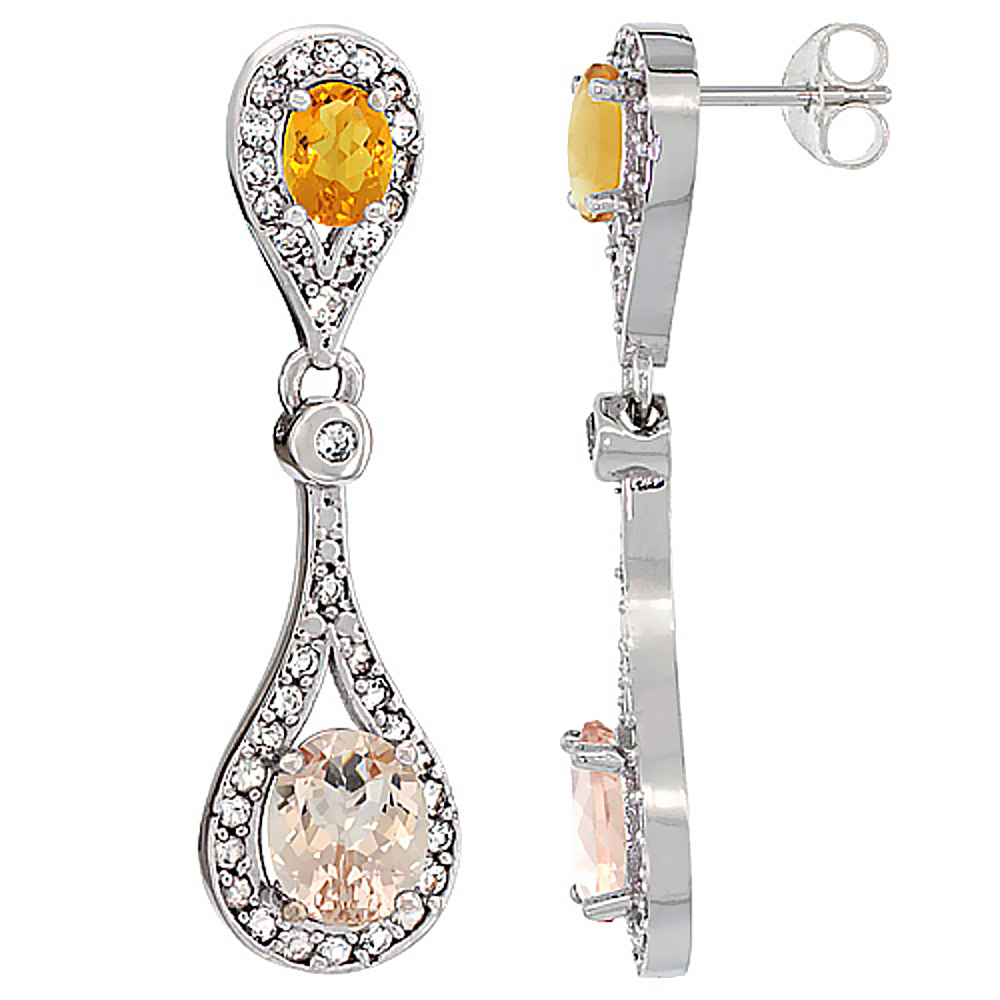Sabrina Silver 14K White Gold Natural Morganite & Citrine Oval Dangling Earrings White Sapphire & Diamond Accents, 1 3/8 inches long