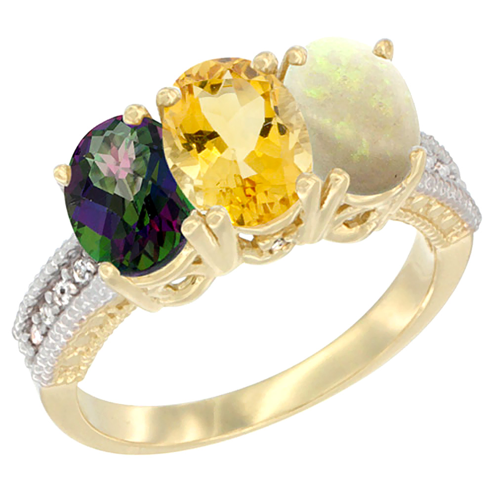 Sabrina Silver 10K Yellow Gold Diamond Natural Mystic Topaz, Citrine & Opal Ring 3-Stone 7x5 mm Oval, sizes 5 - 10