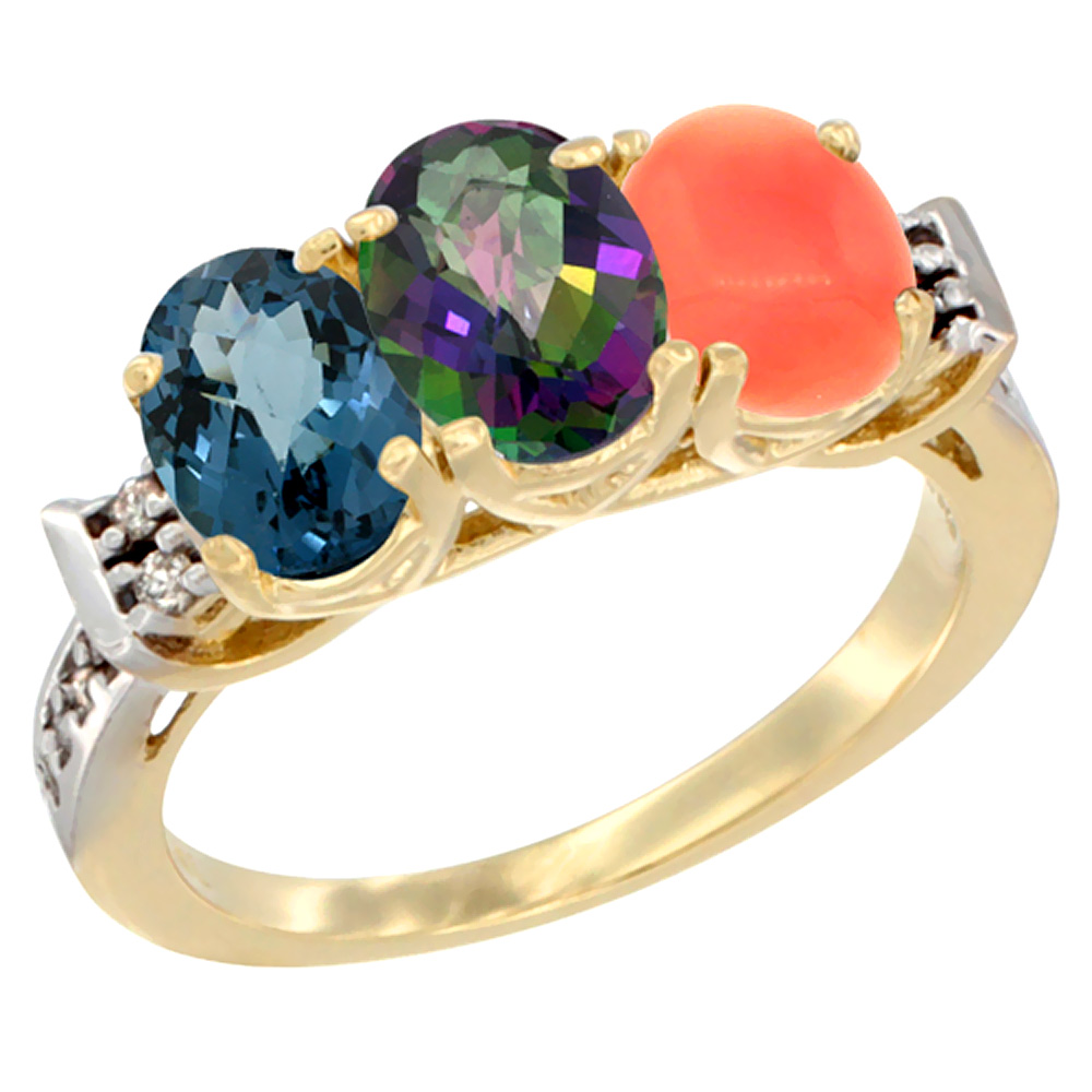 Sabrina Silver 14K Yellow Gold Natural London Blue Topaz, Mystic Topaz & Coral Ring 3-Stone 7x5 mm Oval Diamond Accent, sizes 5 - 10