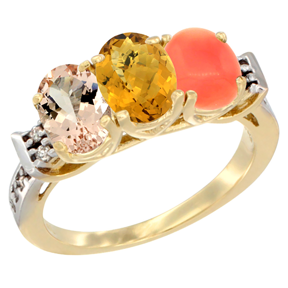 Sabrina Silver 10K Yellow Gold Natural Morganite, Whisky Quartz & Coral Ring 3-Stone Oval 7x5 mm Diamond Accent, sizes 5 - 10