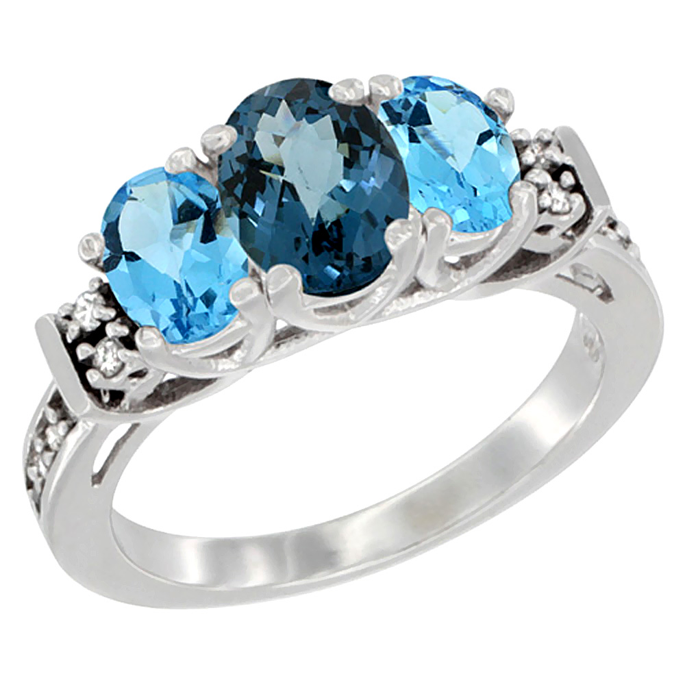 Sabrina Silver 10K White Gold Natural London Blue Topaz & Swiss Blue Topaz Ring 3-Stone Oval Diamond Accent, sizes 5-10