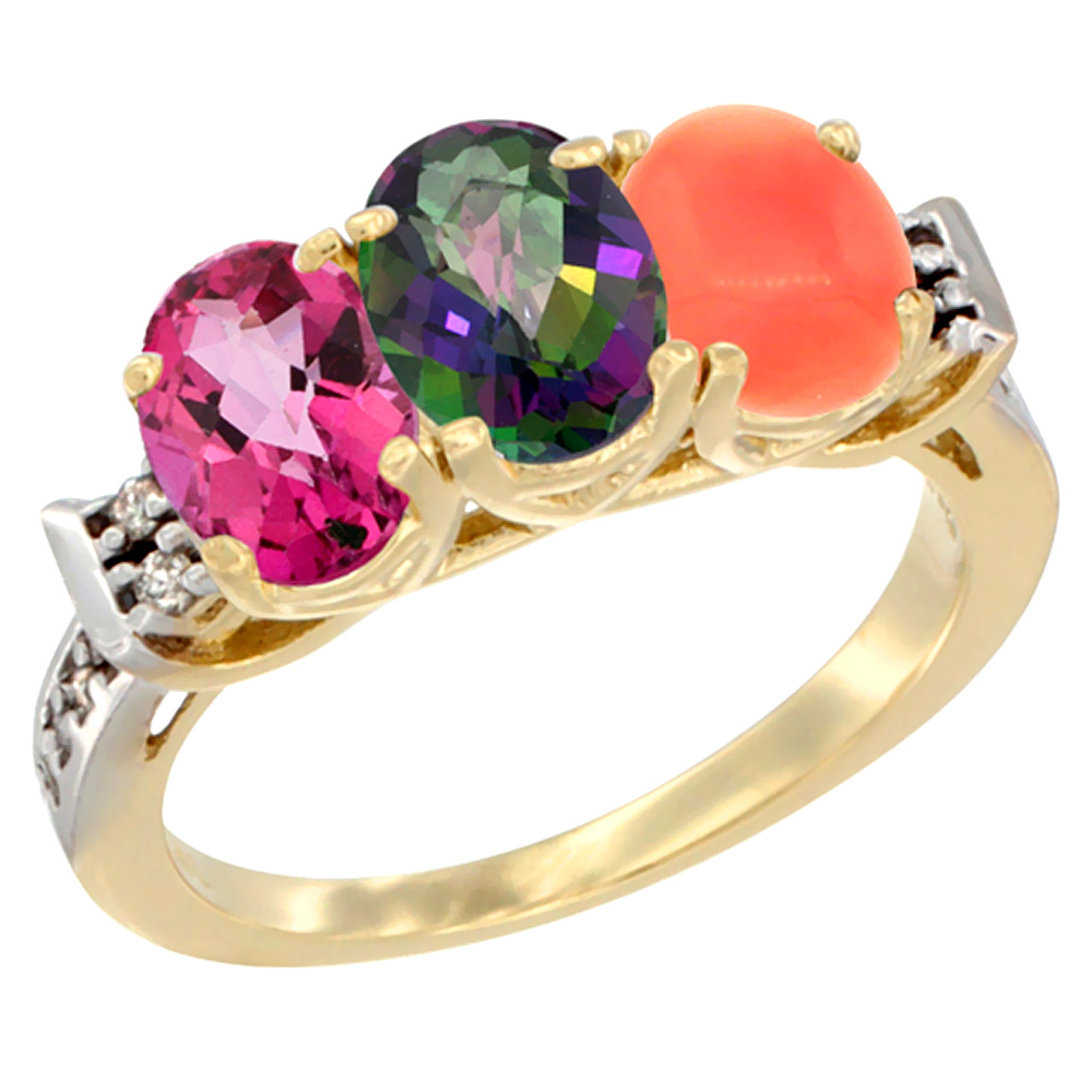 Sabrina Silver 10K Yellow Gold Natural Pink Topaz, Mystic Topaz & Coral Ring 3-Stone Oval 7x5 mm Diamond Accent, sizes 5 - 10