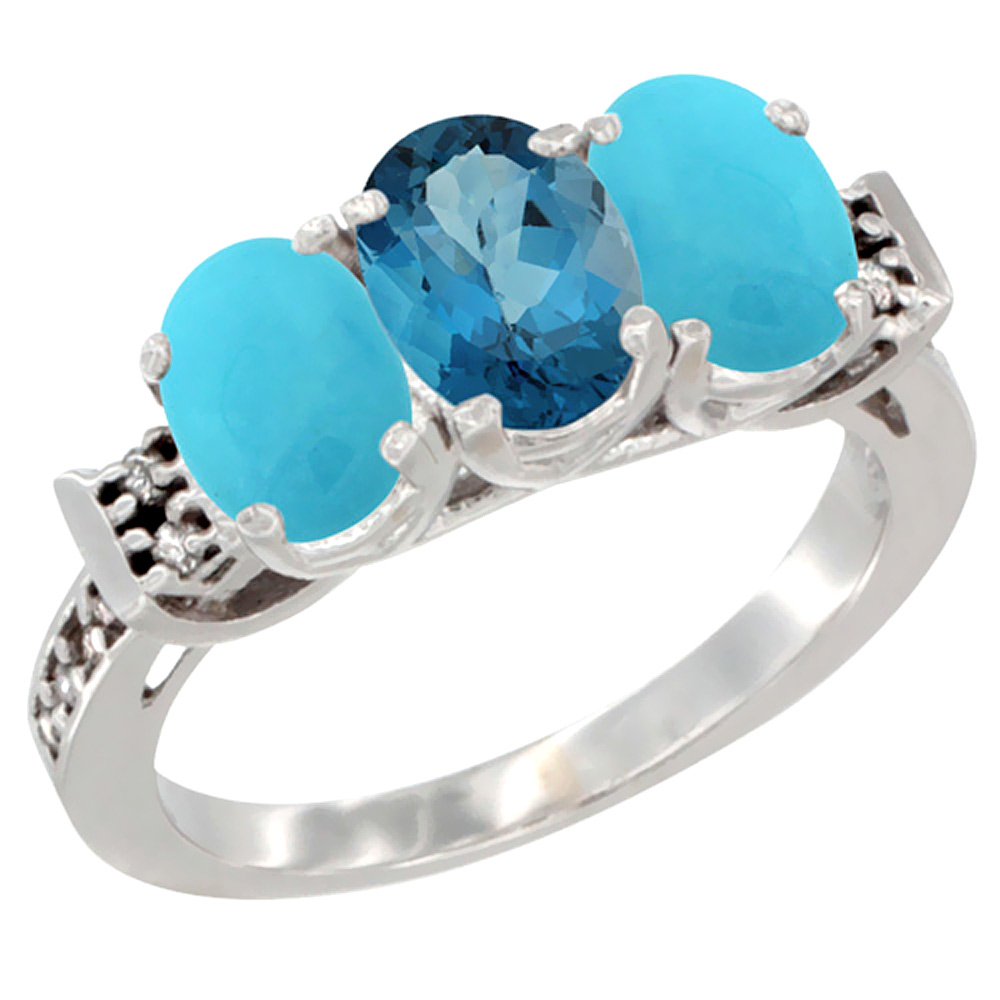 Sabrina Silver 10K White Gold Natural London Blue Topaz & Turquoise Sides Ring 3-Stone Oval 7x5 mm Diamond Accent, sizes 5 - 10