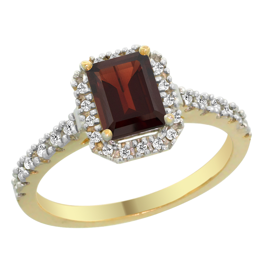 Sabrina Silver 14K Yellow Gold Natural Garnet Engagement Ring Octagon 7x5 mm Diamond Accents, sizes 5 - 10