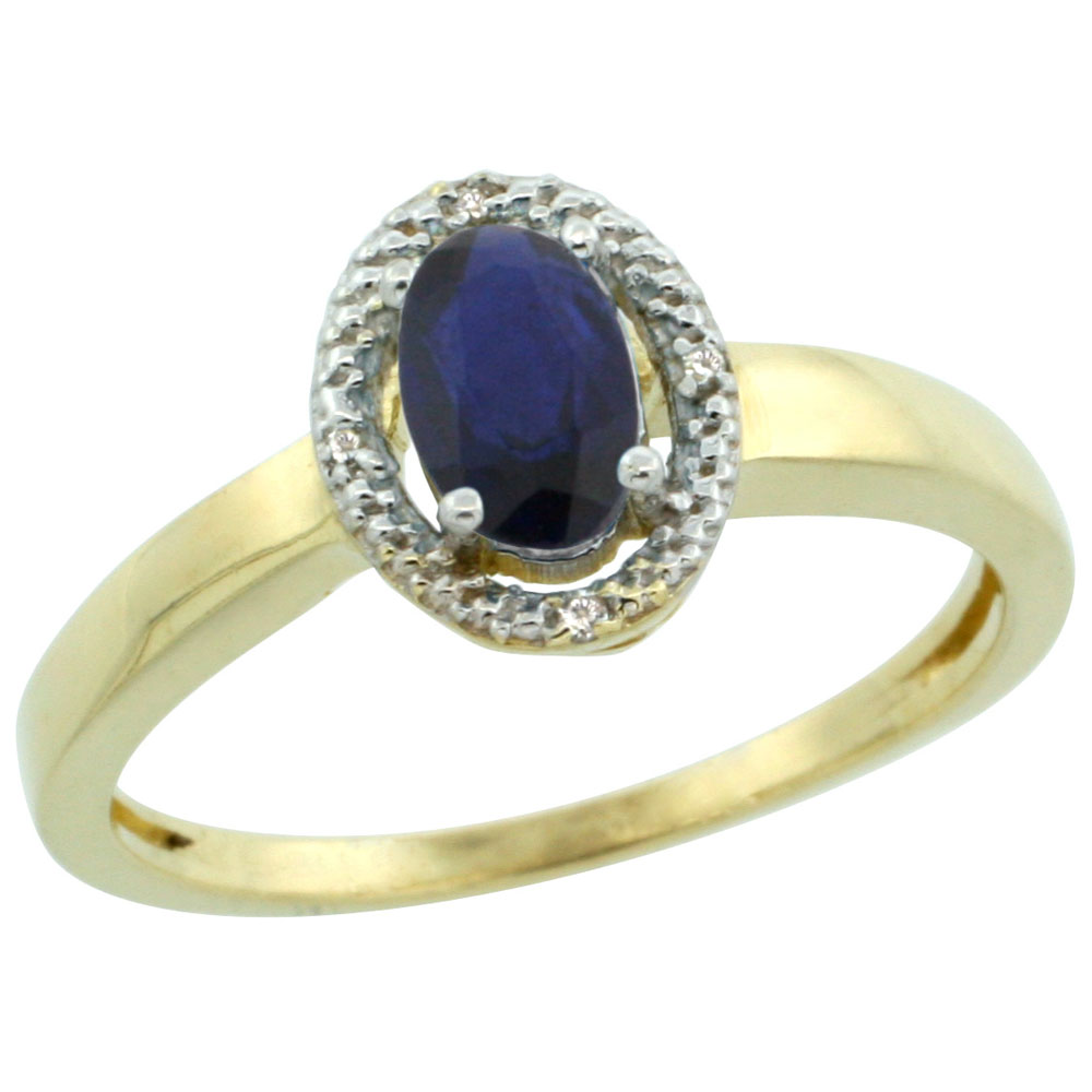 Sabrina Silver 14K Yellow Gold Diamond Halo Natural High Quality Blue Sapphire Engagement Ring Oval 6X4 mm, sizes 5-10