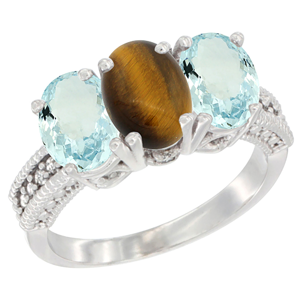 Sabrina Silver 14K White Gold Natural Tiger Eye & Aquamarine Sides Ring 3-Stone Oval 7x5 mm Diamond Accent, sizes 5 - 10