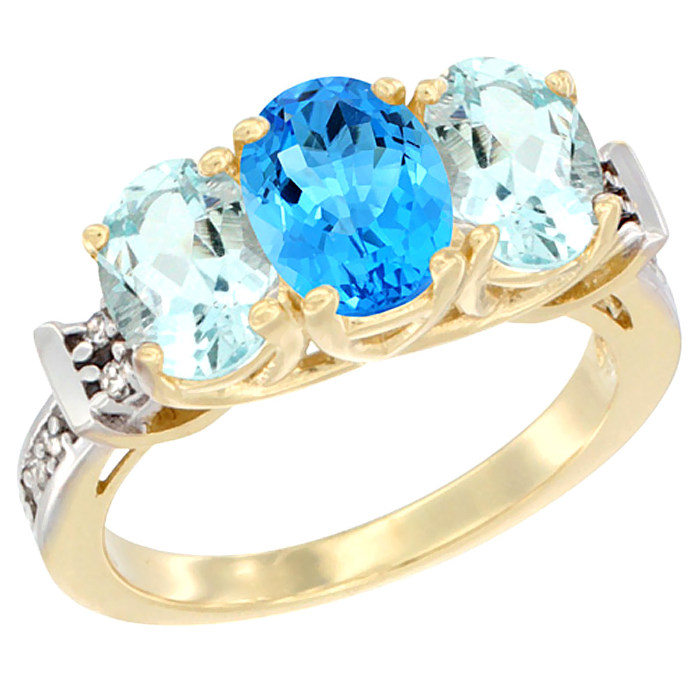 Sabrina Silver 14K Yellow Gold Natural Swiss Blue Topaz & Aquamarine Sides Ring 3-Stone Oval Diamond Accent, sizes 5 - 10