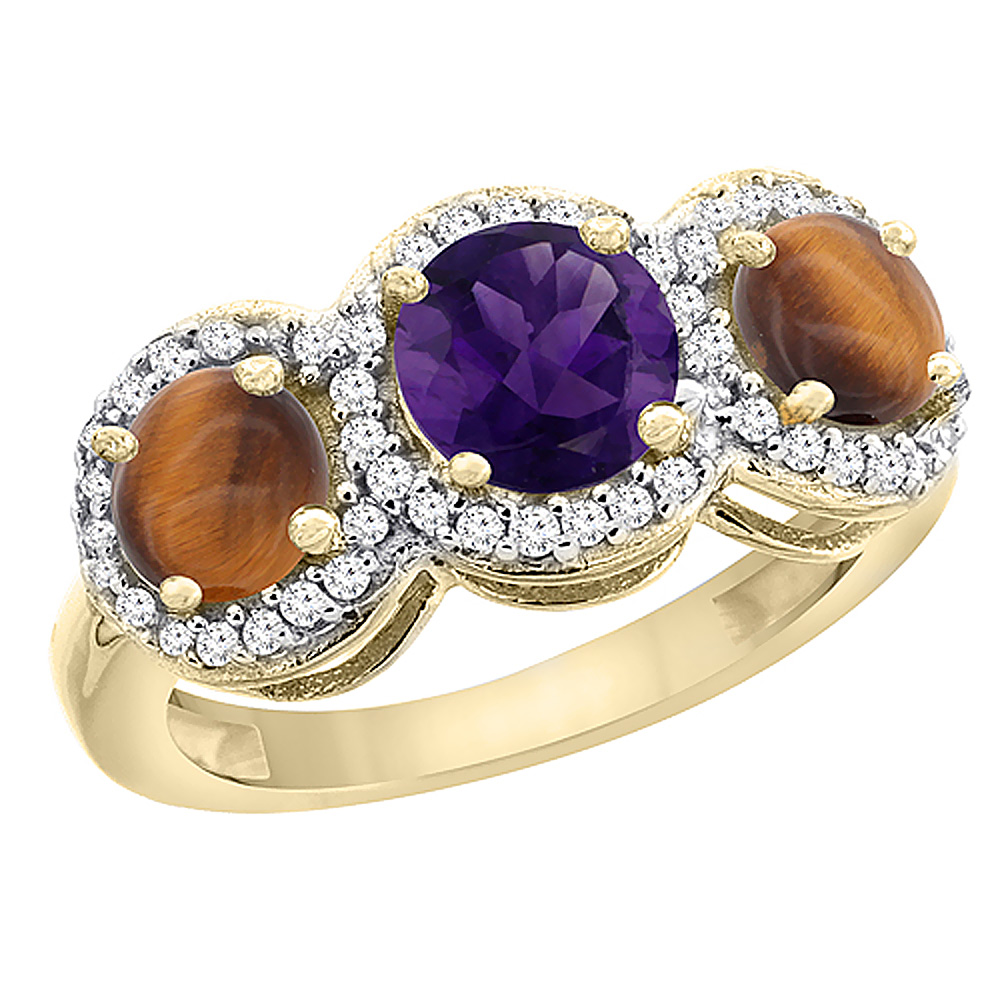 Sabrina Silver 14K Yellow Gold Natural Amethyst & Tiger Eye Sides Round 3-stone Ring Diamond Accents, sizes 5 - 10