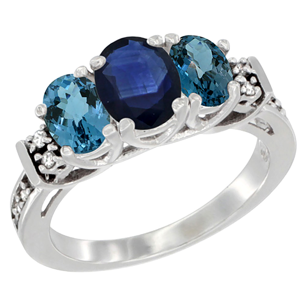 Sabrina Silver 14K White Gold Natural Blue Sapphire & London Blue Ring 3-Stone Oval Diamond Accent, sizes 5-10