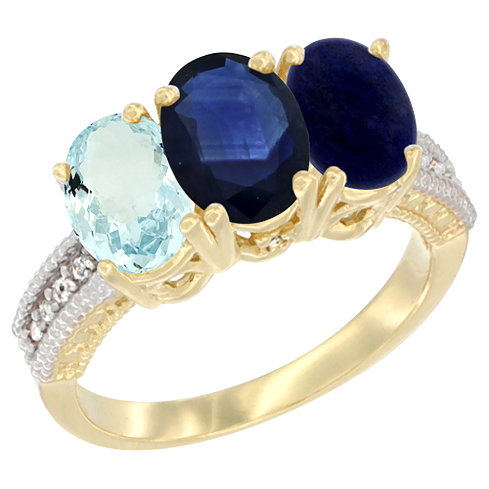 Sabrina Silver 14K Yellow Gold Natural Aquamarine, Blue Sapphire & Lapis Ring 3-Stone Oval 7x5 mm Diamond Accent, sizes 5 - 10