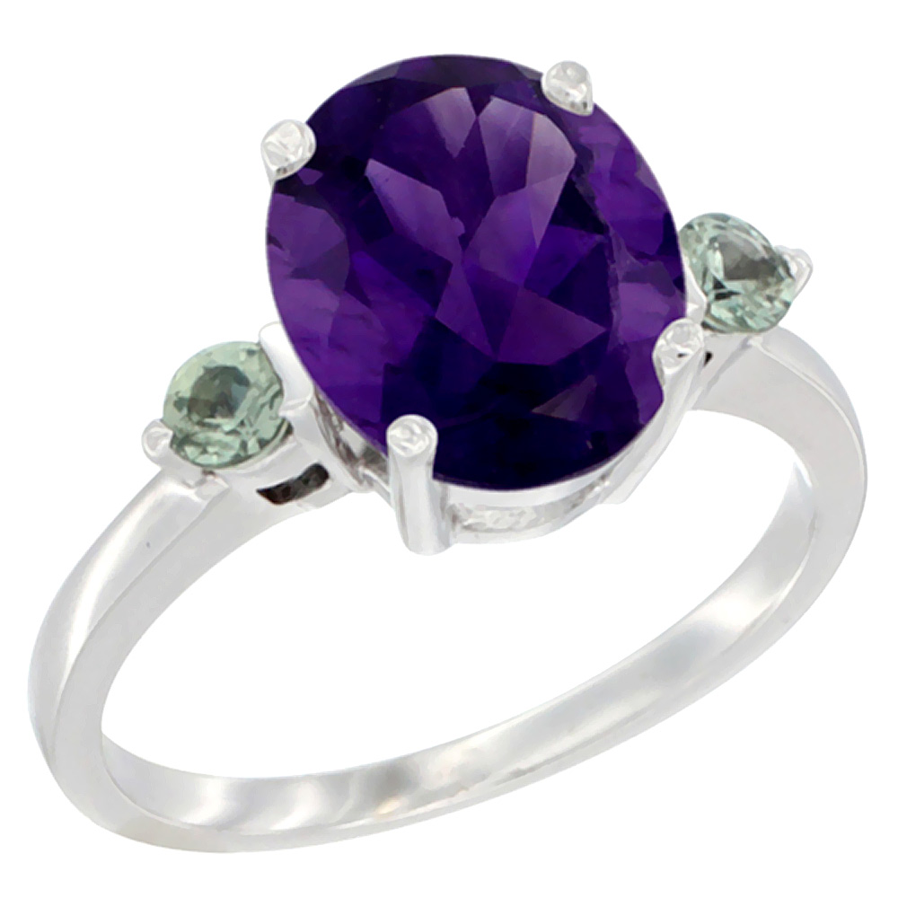 Sabrina Silver 14K White Gold 10x8mm Oval Natural Amethyst Ring for Women Green Sapphire Side-stones sizes 5 - 10