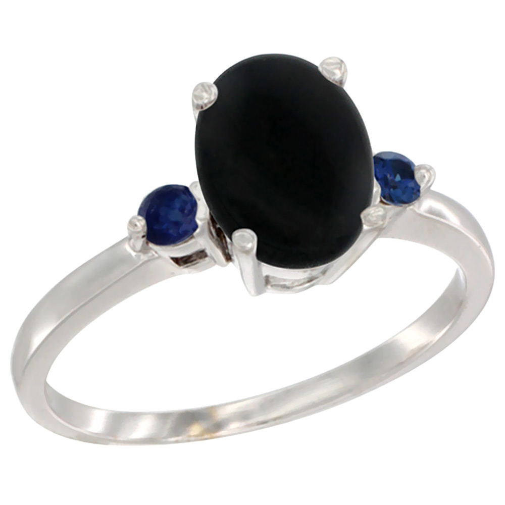 Sabrina Silver 10K White Gold Natural Black Onyx Ring Oval 9x7 mm Blue Sapphire Accent, sizes 5 to 10
