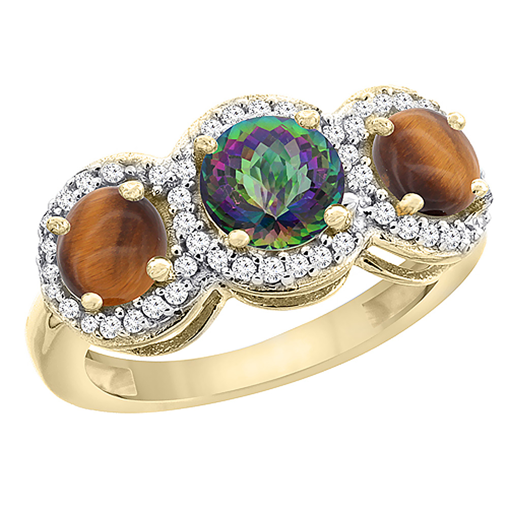 Sabrina Silver 10K Yellow Gold Natural Mystic Topaz & Tiger Eye Sides Round 3-stone Ring Diamond Accents, sizes 5 - 10