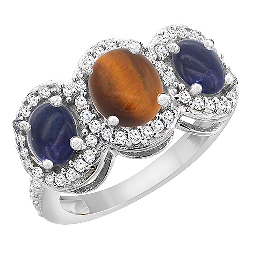 Sabrina Silver 10K White Gold Natural Tiger Eye & Lapis 3-Stone Ring Oval Diamond Accent, sizes 5 - 10
