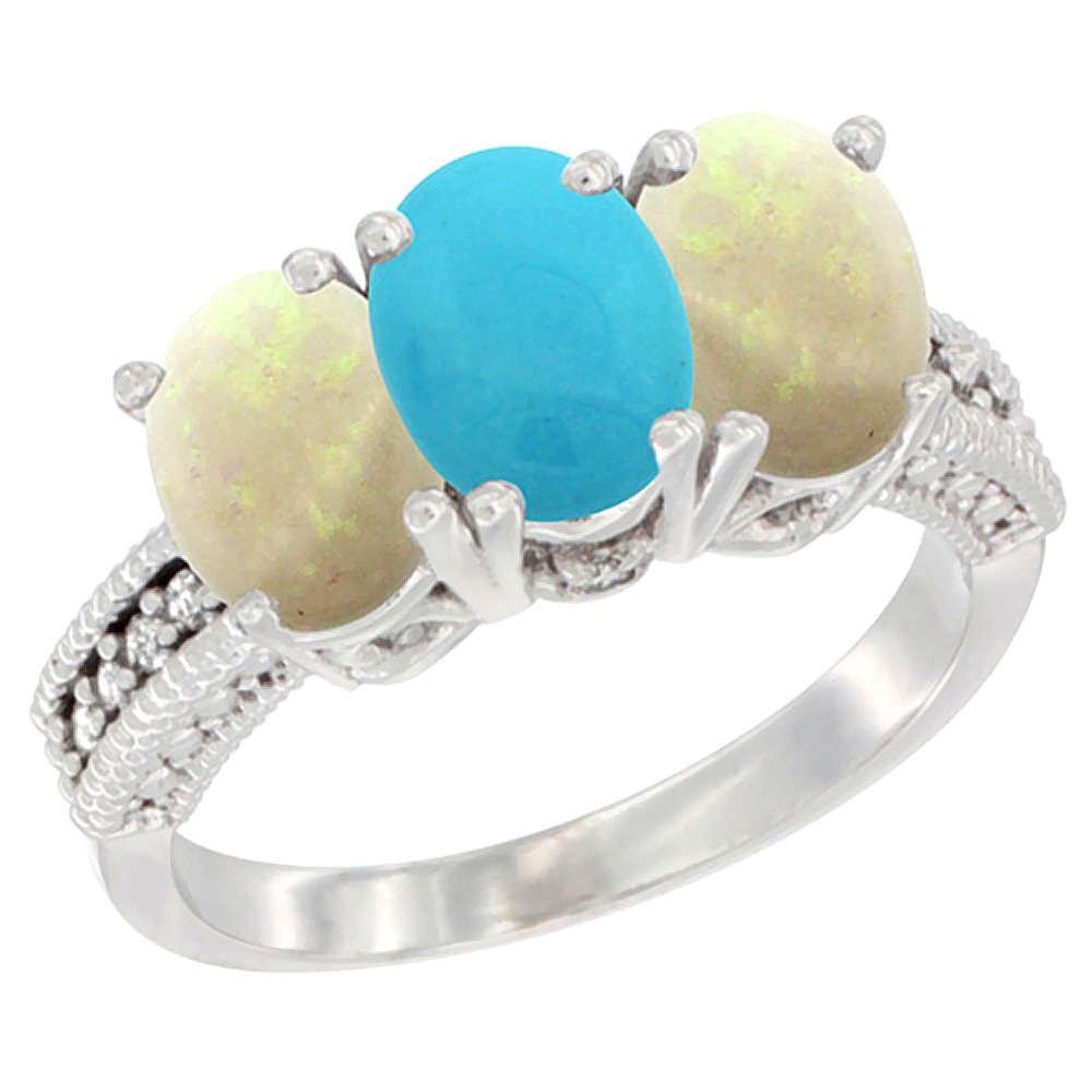 Sabrina Silver 10K White Gold Diamond Natural Turquoise & Opal Ring 3-Stone 7x5 mm Oval, sizes 5 - 10