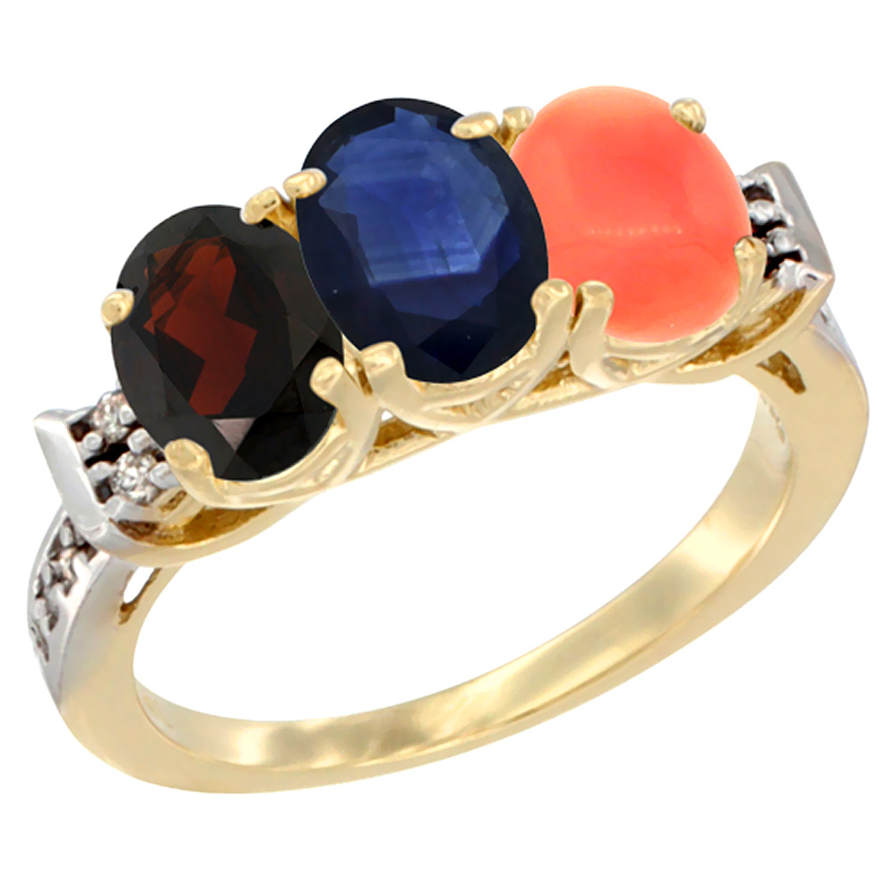 Sabrina Silver 10K Yellow Gold Natural Garnet, Blue Sapphire & Coral Ring 3-Stone Oval 7x5 mm Diamond Accent, sizes 5 - 10