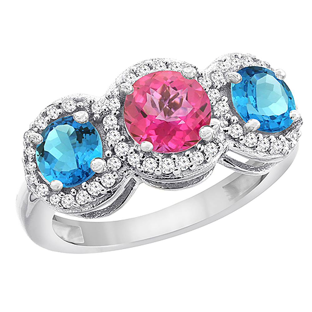 Sabrina Silver 14K White Gold Natural Pink Topaz & Swiss Blue Topaz Sides Round 3-stone Ring Diamond Accents, sizes 5 - 10