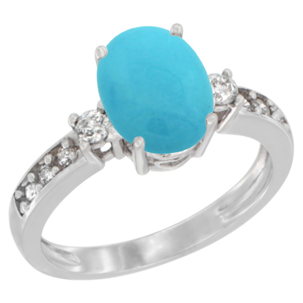 Sabrina Silver 14K White Gold Natural Turquoise Ring Oval 9x7 mm Diamond Accent, sizes 5 - 10