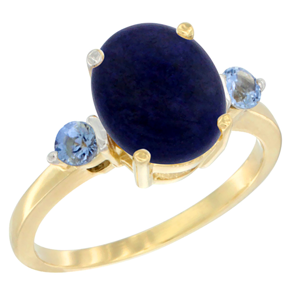 Sabrina Silver 10K Yellow Gold 10x8mm Oval Natural Lapis Ring for Women Light Blue Sapphire Side-stones sizes 5 - 10