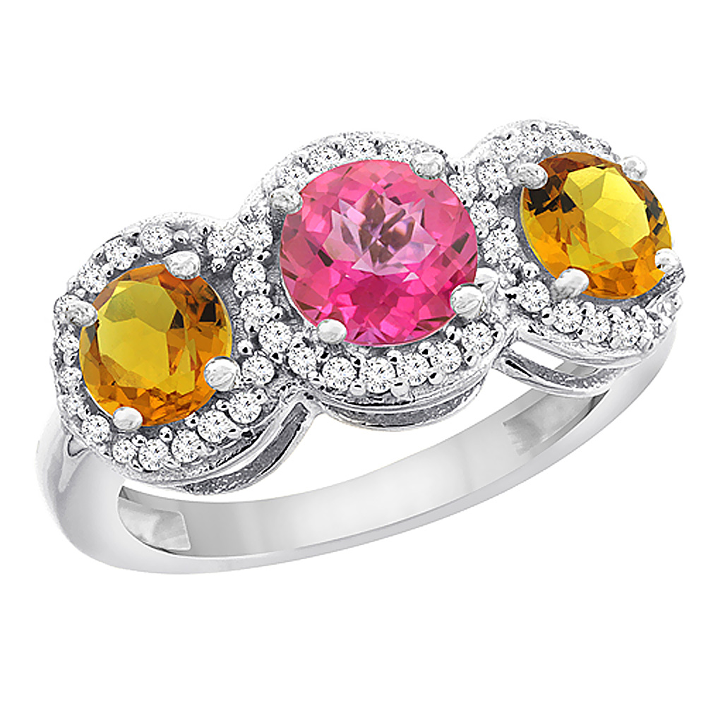 Sabrina Silver 10K White Gold Natural Pink Topaz & Citrine Sides Round 3-stone Ring Diamond Accents, sizes 5 - 10