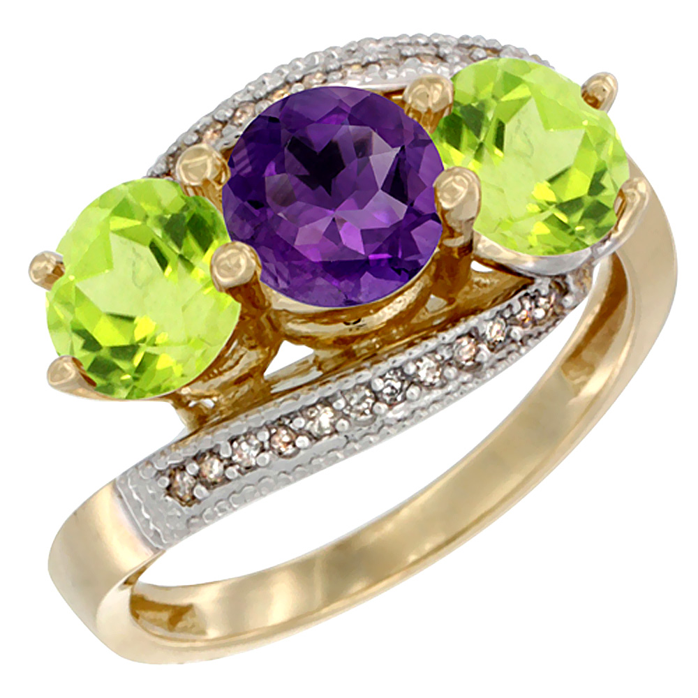 Sabrina Silver 14K Yellow Gold Natural Amethyst & Peridot Sides 3 stone Ring Round 6mm Diamond Accent, sizes 5 - 10