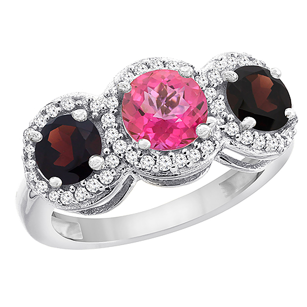 Sabrina Silver 10K White Gold Natural Pink Topaz & Garnet Sides Round 3-stone Ring Diamond Accents, sizes 5 - 10