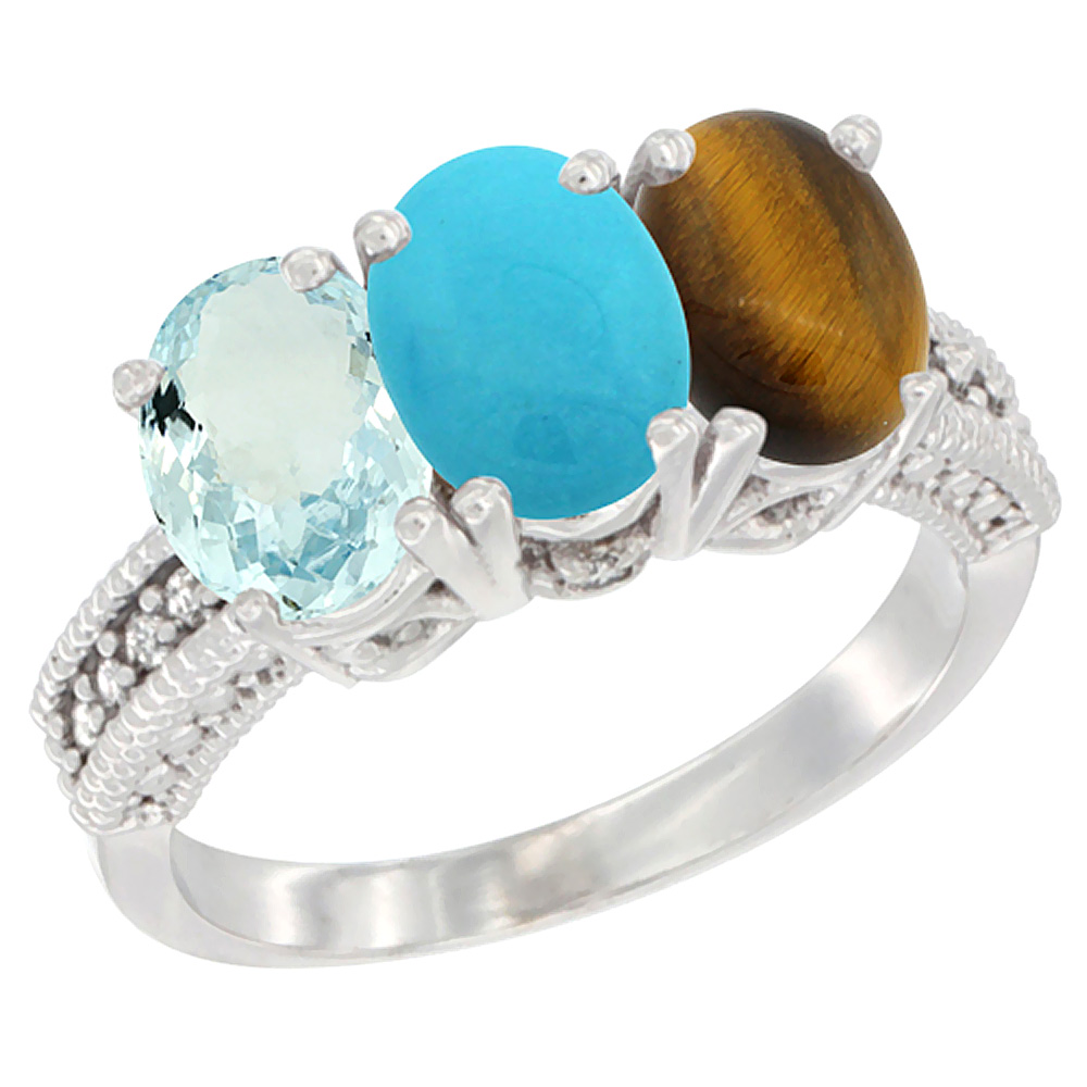 Sabrina Silver 14K White Gold Natural Aquamarine, Turquoise & Tiger Eye Ring 3-Stone Oval 7x5 mm Diamond Accent, sizes 5 - 10