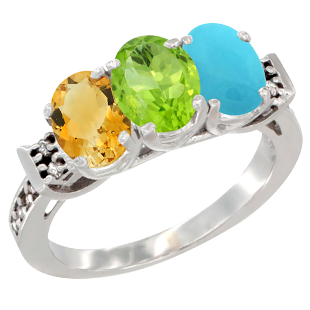 Sabrina Silver 14K White Gold Natural Citrine, Peridot & Turquoise Ring 3-Stone 7x5 mm Oval Diamond Accent, sizes 5 - 10