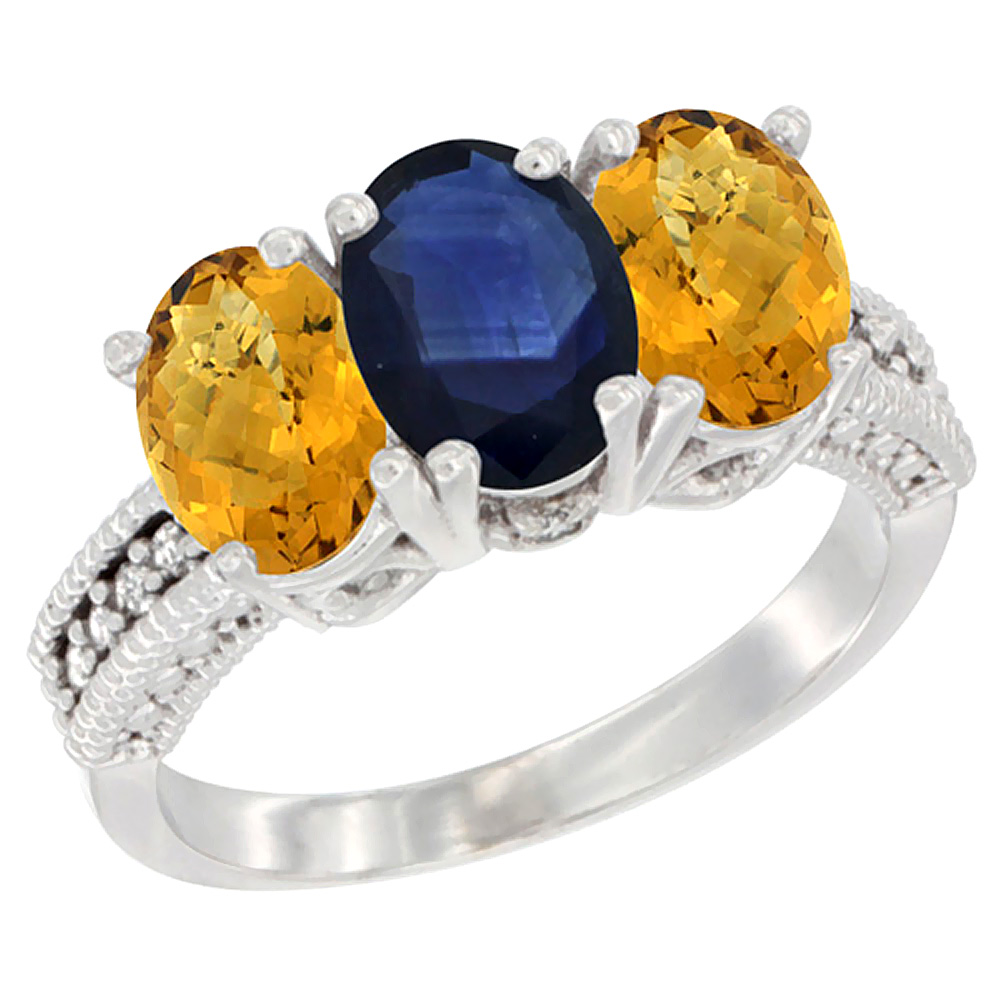 Sabrina Silver 14K White Gold Natural Blue Sapphire Ring with Whisky Quartz 3-Stone 7x5 mm Oval Diamond Accent, sizes 5 - 10