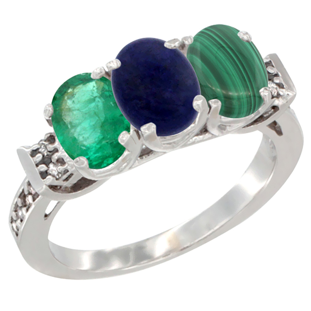 Sabrina Silver 10K White Gold Natural Emerald, Lapis & Malachite Ring 3-Stone Oval 7x5 mm Diamond Accent, sizes 5 - 10
