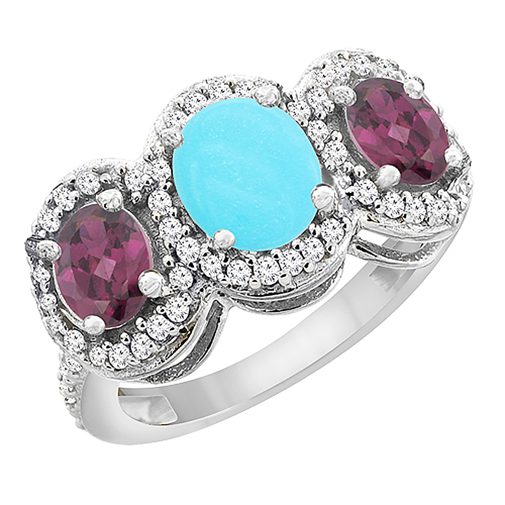 Sabrina Silver 10K White Gold Natural Turquoise & Rhodolite 3-Stone Ring Oval Diamond Accent, sizes 5 - 10
